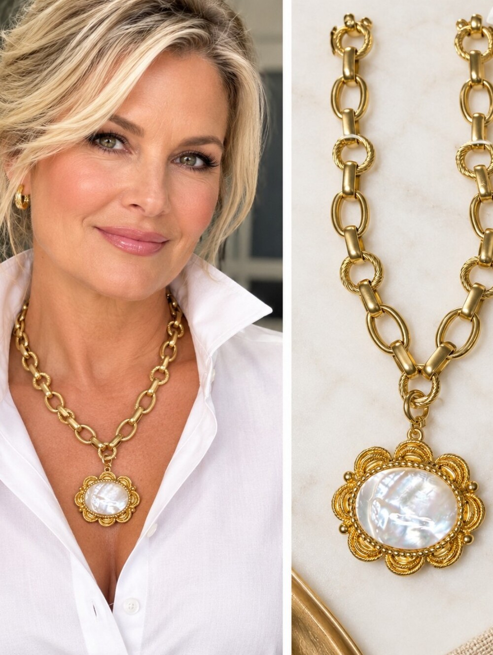 House of Harlow 1960 Gold Chain Necklace with White Shell Flower Pendant